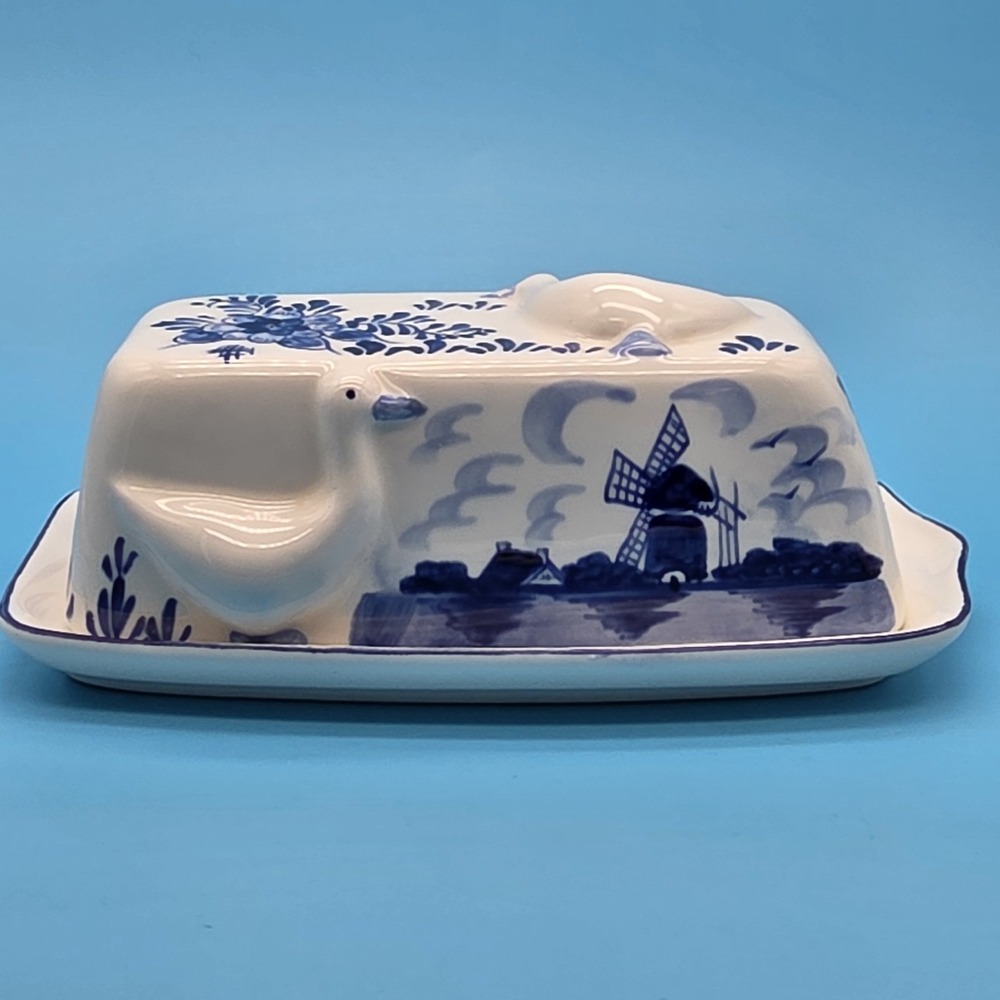 Hand Painted Delfts Blue Butter Dish Ducks Windmill Floral